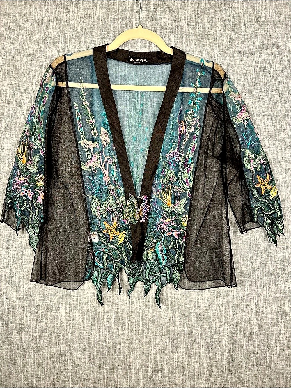 Lee Andersen Embroidered Sheer Cape Jacket in Black & Blue Small Like New